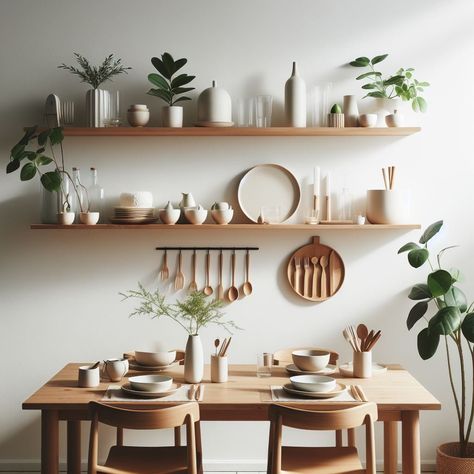 Minimalist Dining Room Open Shelving Dining Room Wall Decor Minimalist, Wood Dining Table Decor, Dining Room Open Shelving, Minimalist Dining Room Ideas, Boho Dining Room, Simple Table Settings, Minimalist Dining Room, Scandinavian Dining, Sleek Furniture