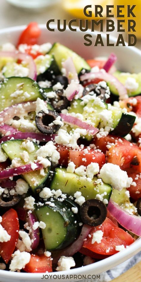 Greek Cucumber Salad - healthy, easy and no cook vegetable side dish! Cucumber, tomatoes, red onions, olive and feta tossed in a lemon vinaigrette. A great low carb option for dinner! Vegetrian & gluten free #healthy #salad #veggie #vegetable #cucumber #cucumbersalad #sidedish #side #glutenfree #vegetarian #recipe Greek Cucumber, Greek Cucumber Salad, Greek Salad Recipe, Fresh Salad Recipes, Greek Salad Recipes, Salad Pasta, Dinner Prep, Easy Side Dish, Best Salad Recipes