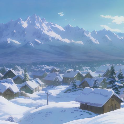 Japanese Snow Village, Studio Ghibli Winter Wallpaper, Snowy Mountain Village Fantasy Art, Studio Ghibli Village, Studio Ghibli Winter Aesthetic, Winter Studio Ghibli, Snowy Village Art, Snowy Village Fantasy Art, Fantasy Snow Village