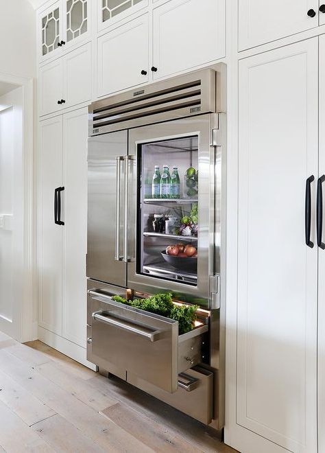 Refrigerator Cabinet Ideas, Cabinet Kitchen Design, Glass Front Refrigerator, Refrigerator Cabinets, Modern Refrigerator, White Kitchen Pantry, Integrated Refrigerator, Herringbone Tile Backsplash, Small White Kitchens