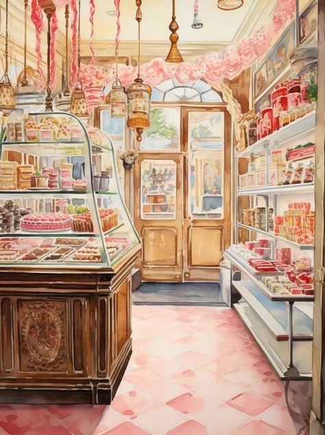 Bakery Art Drawing, Cute Bakery Wallpaper, Bakery Painting Ideas, Bakery Illustration Art, Bakery Art Illustration, Cute Bakery Drawing, Cafe Drawing Aesthetic, Cafe Animation, Anime Bakery