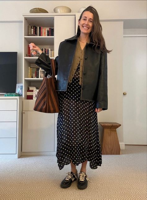 Caroline Bassett, Black Dress With Tights, Betty Cardigan, Casual Black Dress, Dress With Tights, Distressed Leather Jacket, Cardigan Outfit, Dad Sneakers, Wardrobe Inspiration