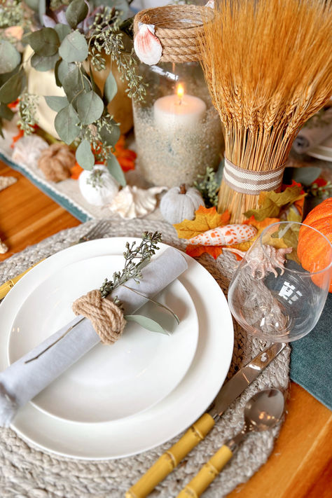 A beautiful California coastal Thanksgiving tablescape Coastal Thanksgiving, Thanksgiving Style, Coastal Candle, Bamboo Flatware, Coastal Fall, Planting Pumpkins, Blue Table Runner, Thanksgiving Tablescape, Beautiful California