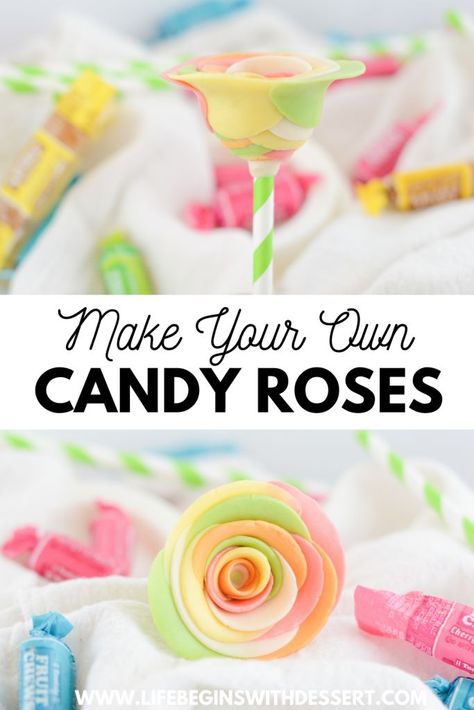 These adorable diy candy roses are so easy to make! All you need are some rainbow tootsie rolls, a rolling pin, and some paper straws. These candy flowers make a great valentine's day gift or birthday treat. Enjoy these easy candy flowers today! #dessert #easydessert #valentinesday Make Your Own Candy, Tootsie Rolls, Candy Kabobs, Easy Candy, Candy Roses, Fruit Chews, Laffy Taffy, Birthday Party Treats, Candy Flowers