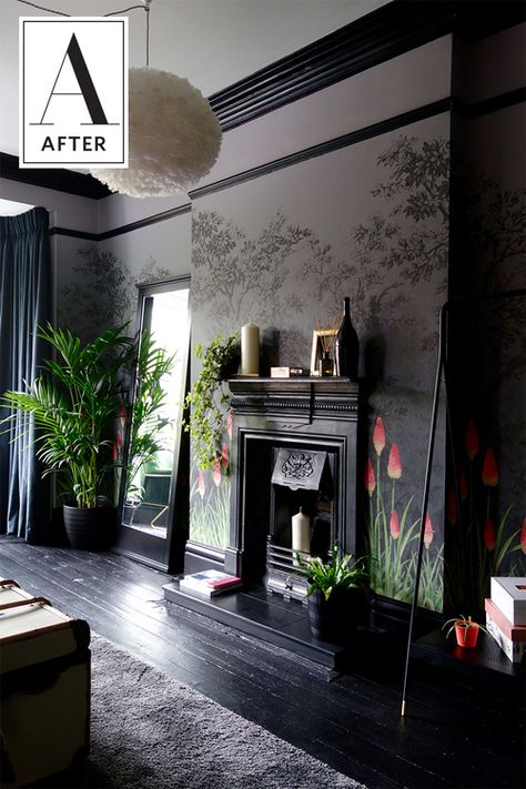 A Jaw-Dropping Guest Bedroom Makeover | Apartment Therapy Ideas For Dark Rooms, Rugs Colorful, Dark Rooms, Dark Living Rooms, Wallpaper Retro, Decor Eclectic, Room Painting, Black Living Room, Design Salon