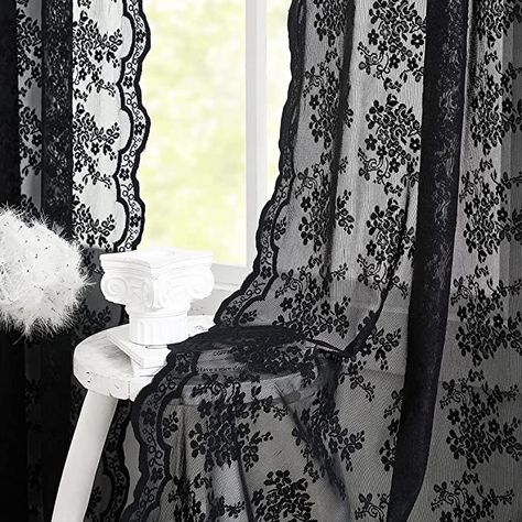 Amazon.com: Black Lace Curtains 2 Panels -Vintage Floral Black Sheer Curtain Panels 63 inch Length Romantic Gothic Curtains for Bedroom Filtering Rod Pocket 52 x 63 Inch Black : Home & Kitchen Goth Curtains, Black Lace Curtains, Gothic Curtains, Living Room Victorian, Black Sheer Curtains, Living Room Halloween Decor, White Lace Curtains, Halloween Curtains, Elegant Halloween Decor