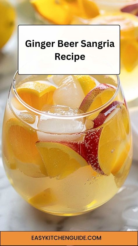 Sip on a refreshing ginger beer sangria - a bubbly blend of fruity wine, citrus juices, and spicy ginger beer, garnished with fresh fruit and herbs. Perfect for a sunny afternoon or festive gathering! Rum Ginger Beer Drinks, Homemade Ginger Beer Non Alcoholic, Beer Sangria, Alcoholic Ginger Beer Recipe, Red Wine And Ginger Beer, Seagrams Ginger Ale, Ginger Beer Cocktail, Easy Sangria Recipes, White Wine Sangria