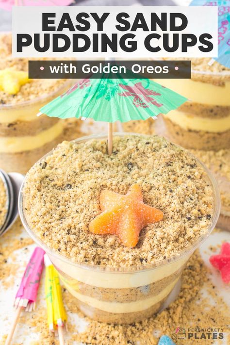 Sand Pudding Dessert, Sand Bucket Cake, Beach Theme Desserts, Sand Dessert, Sand Pudding, Bucket Cake, Pudding Cup Recipes, Dirt Dessert, Persnickety Plates