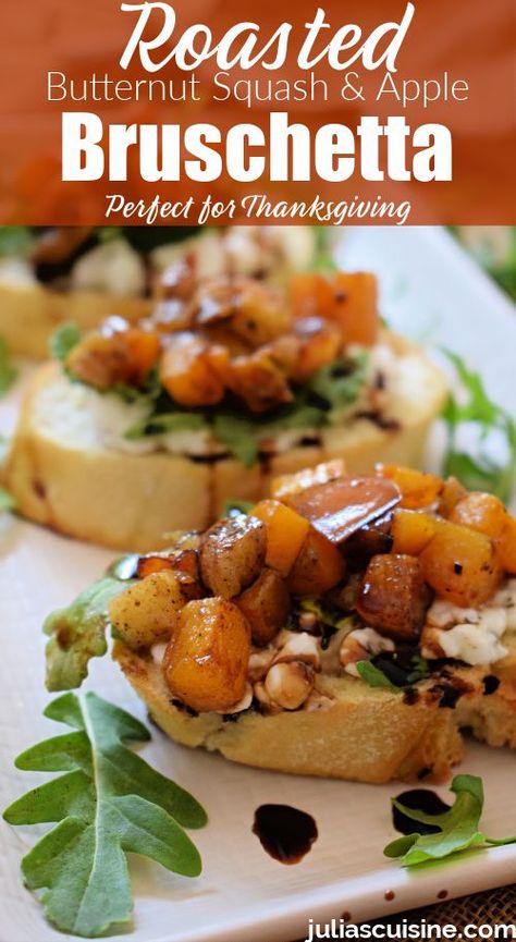 Roasted Butternut Squash & Apple Bruschetta Apple Bruschetta, Squash Bruschetta, Butternut Squash Appetizer, Fall Happy Hour, Squash Appetizers, Sauteed Butternut Squash, Autumn Gathering, Fall Appetizer, Butternut Squash Apple