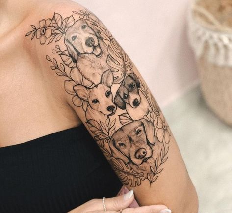 Dog Tattoo Sleeve Ideas, Dog And Flower Tattoo Ideas, Feminine Dog Tattoo, Pet Sleeve Tattoo, Multiple Dog Tattoo Ideas, Dog Sleeve Tattoos For Women, Multiple Dog Tattoo, Dog Floral Tattoo, Dog Sleeve Tattoo