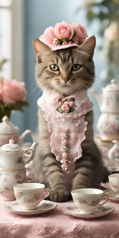 Whimsical Tea Party, Tiny Top Hat, Cat Tea Party, Sweet Images, Teacup Cats, Dog Cat Pictures, Cat Purr, Fancy Cats, Loyal Dogs