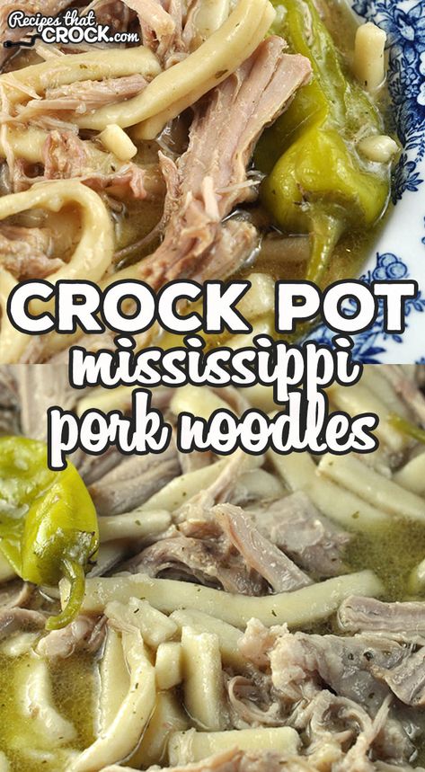 Crock Pot Mississippi Pork Noodles via @recipescrock Pork Noodles Recipe, Crockpot Sides, Roast Mississippi, Pork Roast Crock Pot Recipes, Roast Crockpot, Pork Noodle Soup, Vegetable Slow Cooker, Crockpot Pork Roast, Pot Roast Crock Pot Recipes