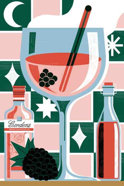 Gordon's Gin, Cocktail Illustration, New Year Illustration, 광고 디자인, Festive Cocktails, Wacom Cintiq, Affinity Designer, Gin Cocktails, Flat Illustration