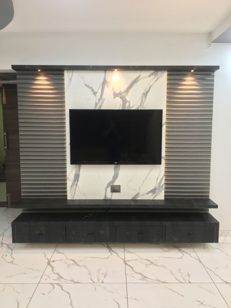 Charcoal Sheets For Tv Unit, Grey Tv Panel Design, Cabord Designs, Grey Gloss Kitchen, Charcoal Panels, Tv Wall Panel, Sliding Door Wardrobe Designs, Gloss Kitchen, Modern Style Bedroom