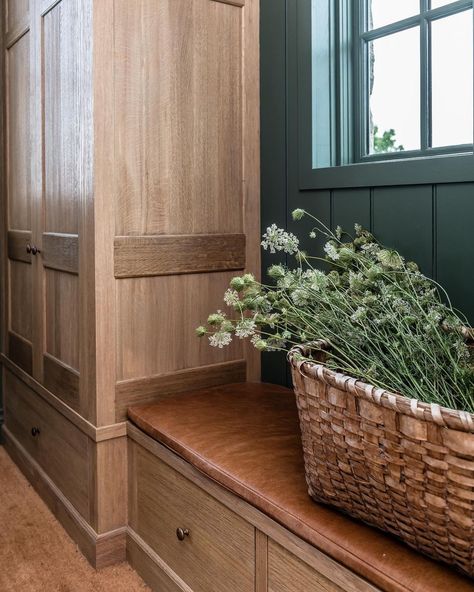 Entryway Table Styling, Oak Bench Seat, White Oak Bench, Deacons Bench, Leather Bench Seat, Entryway Tile, Mudroom Cabinets, Mudroom Decor, Bench With Drawers