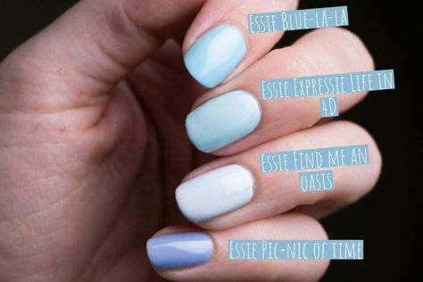 Comparison of Essie Blue-la-la, Essie expressie Life in 4D, Essie Find me an oasis and Essie Pic-nic of time Blueberry Milk Nails, Milk Nails, Blueberry Milk, 2023 Nail, Essie Gel, Pic Nic, Some Times, Cool Stuff, Summer 2023