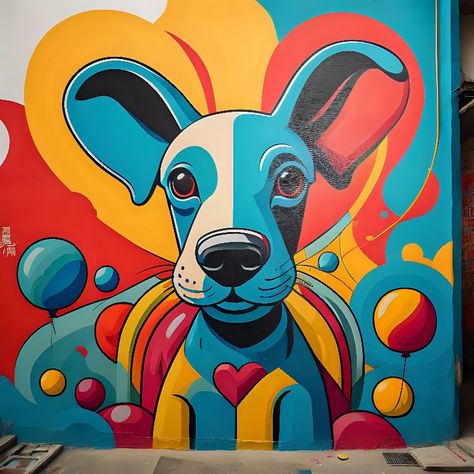 suitable for Pinterest:"Colorful and joyful dog mural - a burst of vibrant energy and happiness. 🐶🌈 #StreetArt #DogArt #ColorfulMural" Animal Graffiti Art, Pet Mural Ideas, Dog Graffiti Art, Dog Mural Ideas, Dog Mural Wall, Vet Mural, Dog Murals, Dog Mural, Dog Graffiti