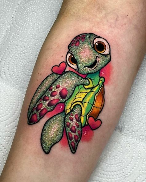 Glitter Tattoo Permanent Disney, Disney Sleeve Tattoos, Turtle Tattoo Designs, Petit Tattoo, Disney Tattoo, Tatuaje A Color, Turtle Tattoo, Glitter Tattoo, Different Tattoos