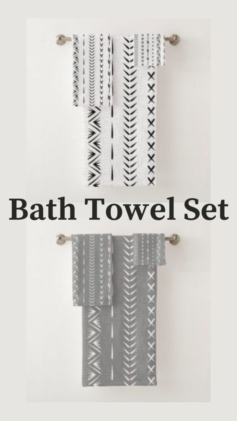 Turn your bathroom into your own personal oasis with a beautiful towel perfect for drying you off in style. Modern home decor pattern with ethnic motifs. Herringbone, arrow, zig zag, dots, on crosshatched style background. Afro Boho, Mudcloth Pattern, Boho Black And White, White Bath Towels, Patterned Bath Towels, Ethnic Motifs, Style Background, White Bath, Dream Bathroom