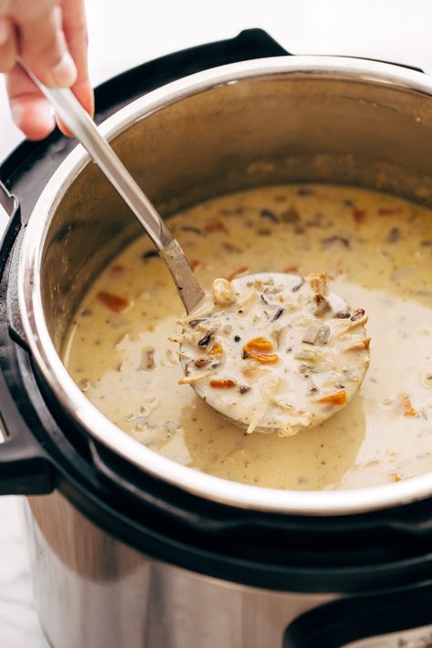 Creamy Chicken Wild Rice Soup {Slow Cooker} Recipe | Little Spice Jar Rice Soup Instant Pot, Wild Rice Soup Slow Cooker, Mushrooms Wild, Chicken And Wild Rice Soup, Wild Rice Soup Recipes, Chicken Wild Rice, Soup Instant Pot, Chicken Wild Rice Soup, Rice Soup Recipes