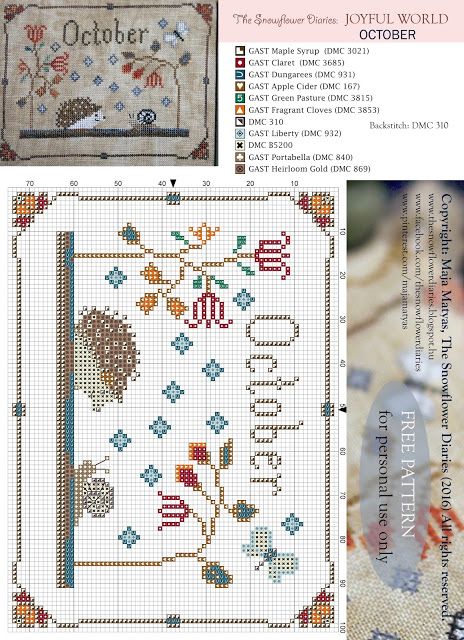 The Snowflower Diaries: JOYFUL WORLD - OCTOBER PATTERN Snowflower Diaries Free Pattern, Stitch Pics, Fall Cross Stitch, Cross Stitch Freebies, Cross Stitch Love, Needlework Patterns, Cross Stitch Samplers, Cross Stitch Animals, Cross Stitch Patterns Free