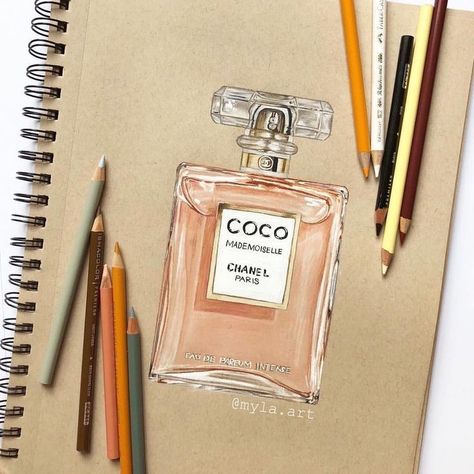 Chanel Perfume Art, Drawing Prismacolor, Colored Pencil Artwork Ideas, Colored Pencil Art Projects, Color Pencil Sketch, Perfume Art, Mademoiselle Chanel, Prismacolor Art, Realistic Pencil Drawings