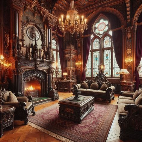 15 Darkly Elegant Gothic Living Room Ideas — Lord Decor Gothic Victorian Living Room, Victorian Staircases, Gothic Living Room Ideas, Elegant Living Room Ideas, Victorian Staircase, Gothic Living Room, Dark Rooms, Cozy Romantic, Victorian Living Room