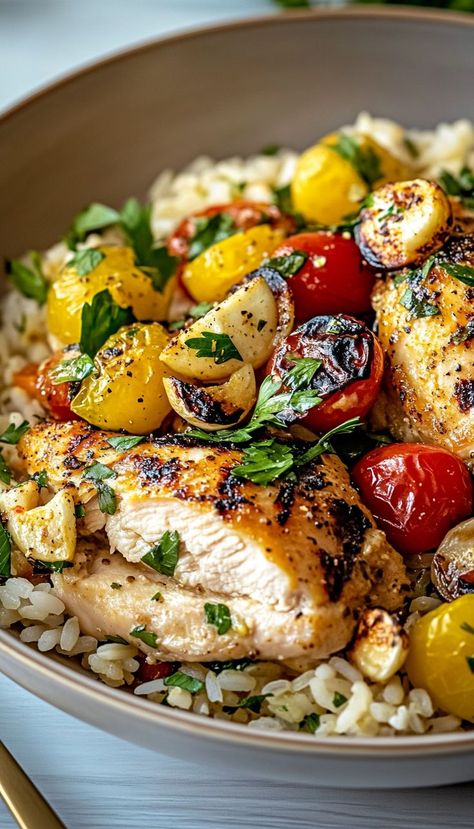 Experience a burst of flavors with our Flavor-Packed Mediterranean Chicken and Rice Bowl! This wholesome dish features marinated chicken, cooked to perfection, served over a bed of fluffy rice and topped with vibrant Mediterranean ingredients. Loaded with fresh veggies, olives, and a drizzle of tangy dressing, this bowl is both nutritious and delicious. Ideal for meal prep, this recipe is perfect for busy weeknights or when you crave a healthy, hearty meal. Mediterranean Chicken And Rice Bowl, Mediterranean Chicken And Rice, Chicken And Rice Bowl, Mediterranean Ingredients, Mediterranean Rice, Mediterranean Bowl, Mediterranean Chicken Recipes, Chicken Rice Bowl, Mediterranean Bowls