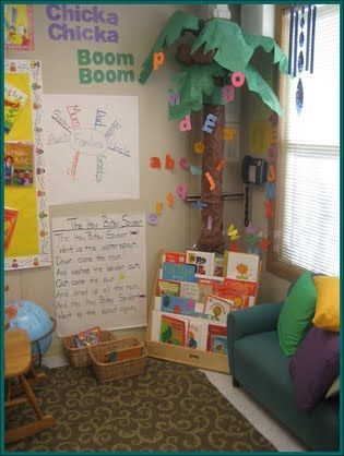 Love the 3D Chicka Chicka Boom Boom  tree!  I like the songs on the wall as well.  I would add some seating that an adult could sit on as well, maybe a cushion or pillow. Library Area Preschool, Chicka Chicka Boom Boom Classroom Decor, Chicka Chicka Boom Boom Classroom Theme, Tree Reading Corner Classroom, Chicks Chicka Boom Boom Bulletin Board, Preschool Library Center, Chicka Chicka Boom Boom Room Transformation, Diy Classroom Tree Reading Corners, Preschool Reading Corner