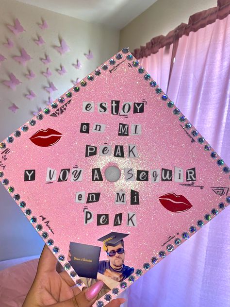 Bad Bunny Grad Cap, Graduation Cap Designs Bad Bunny, Mean Girls Graduation Cap, Bad Bunny Graduation Cap, Bunny Cap, Grad Portraits, Pink Graduation, Graduation Cap Decoration Diy, Grad Hat