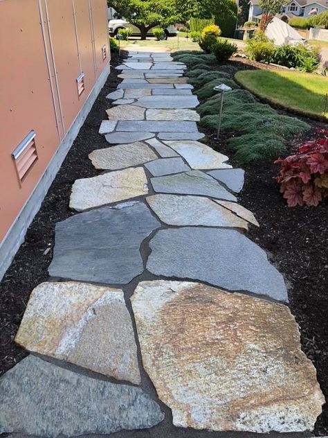 Patios & Pathways Flagstone Patio And Walkway, Simple Walkway Ideas, Stone Walkway Front Of House, Flat Rock Landscaping Ideas, Flat Stone Walkway Pathways, Flat Stone Patio Ideas, Flat Rocks For Landscaping, Flat Rock Walkway, Rock Stepping Stones Pathways