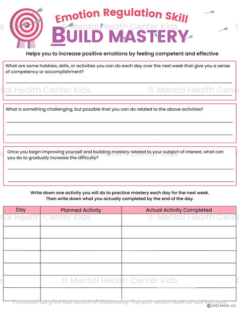 Build Mastery DBT Worksheet for Kids and Teens Dbt Worksheet, Confidence Building Activities, Anger Management Worksheets, Emotion Regulation, Small Goals, Cbt Worksheets, Counseling Worksheets, Self Esteem Worksheets, Social Skills For Kids