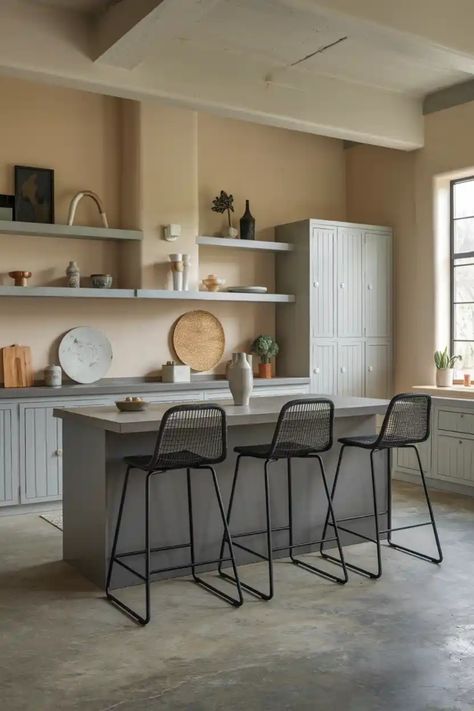 Modern kitchen with neutral tones, featuring a large island, black wire bar stools, and open shelving. Affordable Bar Stools, Small Space Seating, Island Stools, Seating Ideas, Saddle Stools, Counter Height Bar, Bar Seating, Counter Height Bar Stools, Counter Height Stools