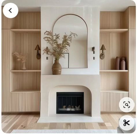 Modern Living Room Electric Fireplace, Arches Next To Fireplace, Living Room Ideas With Fireplace And Tv, Arched Fireplace Ideas, Arch Over Fireplace, Scandinavian Fireplace Nordic Design, Japandi Fireplace Design, Rendered Fireplace, Fireplace Half Wall