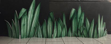 PACIFIC PARADISE  Grass cutout made out of foam board, marker,spray paint 36x152  Magalie Sarnataro’s props Grass Props Diy, Grass Props, Honk Jr, Diy Forest, Enchanted Forest Decorations, Tree Props, Board Marker, Play Props, Theatre Props