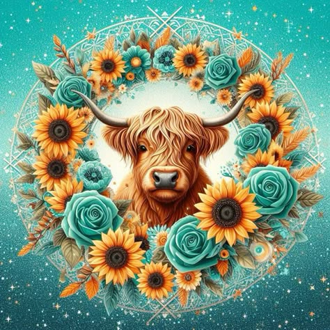 Cow Print And Sunflower Wallpaper, Fall Highland Cow, Highland Cow Sunflower Wallpaper, Sunflowers And Cows, Cow With Sunflowers Painting, Highland Cow Sublimation, Highland Cow Painting, Bathroom Crafts, Cute Baby Cow