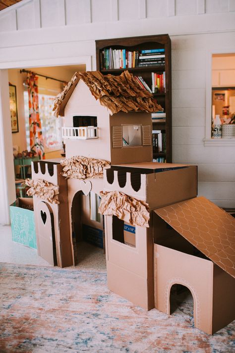 Creating a Cozy Cardboard Castle - Casey Wiegand of The Wiegands | Get ready to impress your kids with this pretty epic rainy day project! Even my five year old proclaimed me “the best builder in the world” mid-way through construction, and our cozy abode is still going strong after a few days of play! Cardboard Cat House Template, Cat Box Ideas Cardboard Play Houses, Cardboard Castle For Cats, Five Year Old Crafts, Cat Castle Diy Cardboard Boxes, Cardboard Box Cat House, Cardboard Box Cat House Diy, Diy Cat House Cardboard, Cat Cardboard Box Ideas