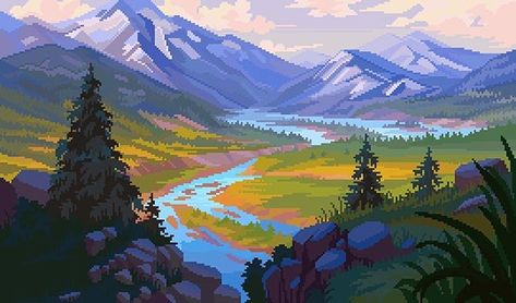 Jubilee on Instagram: “lazuli #pixel #pixelart #pixels #digital #digitalart #art #mountain #mountains #range #grass #mount #hike #trees #valley #river #aesthetic…” Pixel Art Landscape, Pixel Art Background, Pixel Art Tutorial, Arte 8 Bits, 8bit Art, Cool Pixel Art, Psy Art, Pixel Art Games, Pixel Art Design