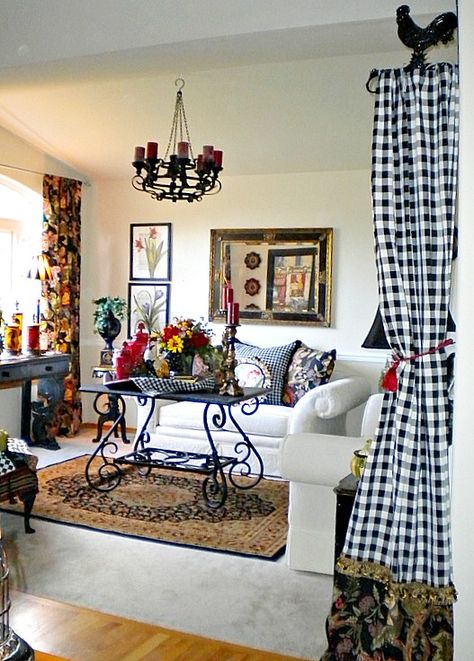 Living room by Decorating My World Checkered Curtains Living Room, Checkered Curtains, Sewing Curtains, Colorful Living Room, Checkered Decor, French Country Living, French Country Living Room, French Country Design, Colourful Living Room