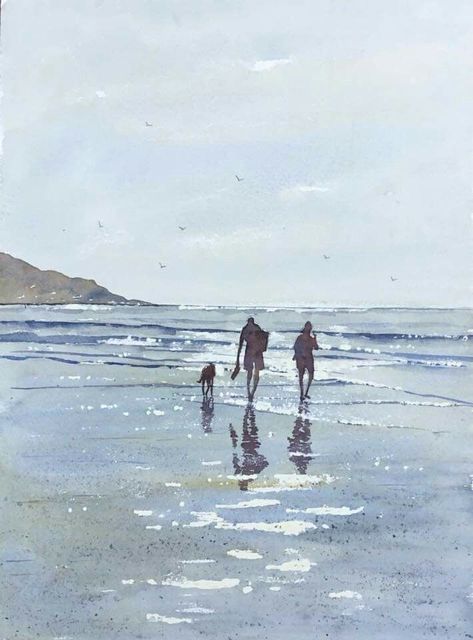 Watercolor Scenery, Seascapes Art, Beach Art Painting, Watercolor Art Landscape, Watercolor Water, Watercolor Paintings For Beginners, People Walking, Watercolor Ocean, Watercolour Inspiration