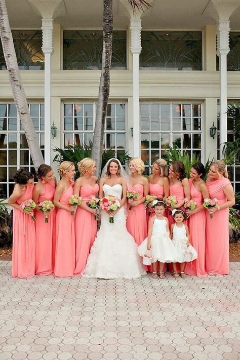 Coral Wedding Colors, Golden Photography, Beach Wedding Decorations Reception, Coral Bridesmaid, White Bridal Gown, Beach Bridesmaid Dresses, Coral Bridesmaid Dresses, Turquoise Wedding, Coral Wedding