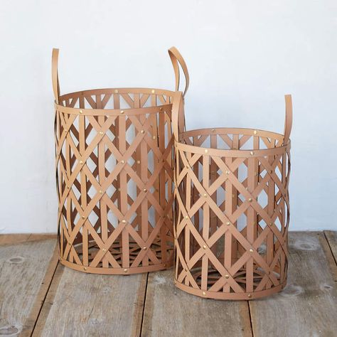 Woven Leather Cylinder Basket Leather Baskets, Diy En Cuir, Leather Basket, Blanket Pillow, Leather Tray, Basket Woven, Heirloom Gifts, Diamond Weave, Diy Basket