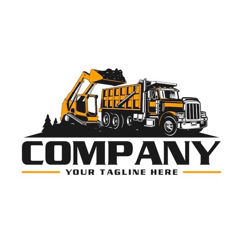 Dump truck and excavator logo | Premium Vector #Freepik #vector #commercial-vehicle #lorry #truck #dump-truck Jcb Logo Design, Dump Truck Logo Design Ideas, Excavator Logo, Trailer Logo, Bmw Isetta 300, Bmw Isetta, Hero Logo, Bills Logo, Birthday Captions Instagram