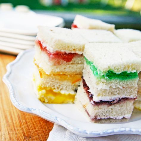 Rainbow Jelly Sandwich Appetizer Recipe Different Sandwiches, Rainbow Sandwich, Sandwich Bites, Cream Cheese Sandwiches, Appetizers For Kids, Beach Bucket, Finger Sandwiches, Tea Party Food, Cream Cheese Spreads