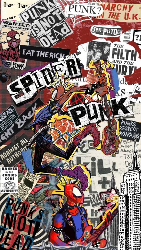 Punk Aesthetic Wallpaper, Punk Collage, Spiderman Poster, Punk Wallpaper, Spider Punk, Grunge Pictures, Sassy Wallpaper, Punk Poster, Goth Wallpaper