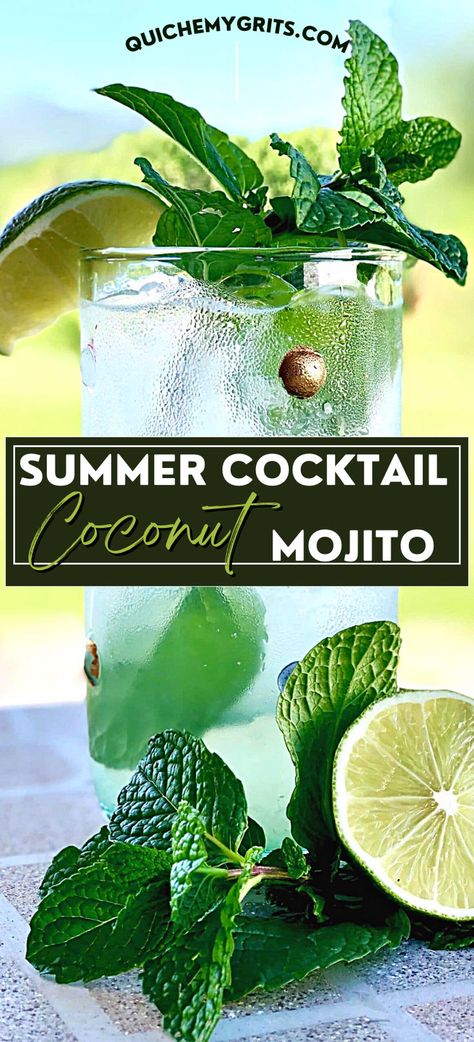 A frosted glass with coconut mojito and garnished with mint and lime. Cocktail With Mint, Cocktail Coconut, Coconut Mojito, Mint Cocktails, Mint Mojito, Drink Recipes Nonalcoholic, Single Serving Recipes, Refreshing Cocktail, Mojito Recipe