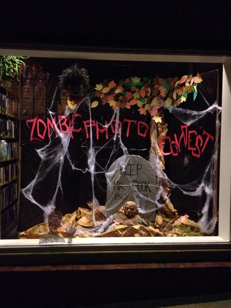 Library Halloween window display Window Display Halloween, Halloween Window Display Store Fronts, Halloween Window Display Retail, November Window Display, Halloween Store Display, Pet Store Display, Halloween Windows, Library Halloween, Halloween Window Display