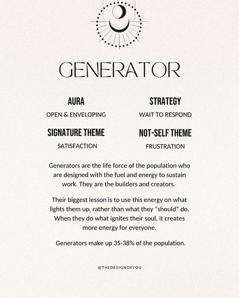 Starting back at the basics with Energy Type! When you start learning about Human Design, the first thing that you will learn about is your energy type✨ There are 5 energy types: Generators, Manifesting Generators, Projectors, Manifestors, and Reflectors 🤍 Energy type is all about how your energy functions in various parts of your life. It reveals your innate strengths and weaknesses, and acts as a manual to help you tap into your potential to live a fulfilling and aligned life! What’s yo... Generators Human Design, Alchemist Generator, Generator Human Design, Energy Types, Manifesting Generator, Human Design System, Strengths And Weaknesses, Holistic Therapies, Human Design