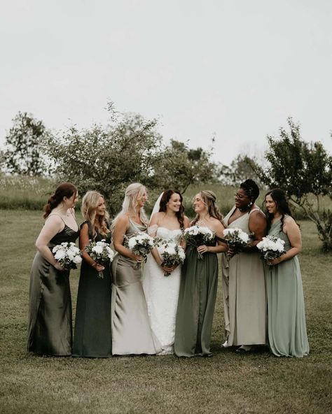 BIRDY GREY 🐥 (@birdygrey) • Instagram photos and videos Sage Green Birdy Grey, Mix Matched Green Bridesmaid Dresses, Bridesmaid Dresses Green Olive, Floral Bridesmaid Dresses Green, Satin And Chiffon Bridesmaid Dress Mixed, Olive Green Bridesmaid Dress Mismatched, Mix Bridesmaid Dresses, Sage Bridal Party, Mixed Green Bridesmaid Dresses