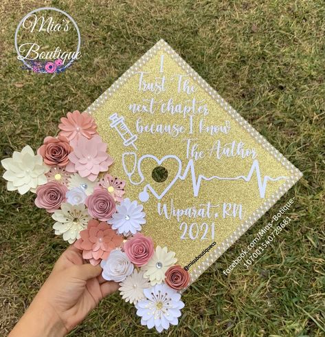 Nursing Floral Graduation Cap Graduation soon? What better way to celebrate your special day with a decorated cap topper. * Size: 9.5 by 9.5 inches with a precut tassel hole in the center (This is the standard size for graduation caps but if your cap is a different size pls message me so I can make the change) * Flowers are handmade and are not sold individually other colors are available * Caps Toppers are handmade and are not a sticker/print * Graduation cap & glue are not included this is a t Decorated Graduation Caps Nursing, Future Nurse Graduation Cap, Sonography Graduation, Nursing Graduation Cap, Graduation Cap Designs College, Ucf Grad, Nursing Caps, Glitter Graduation Cap, Grad Hats